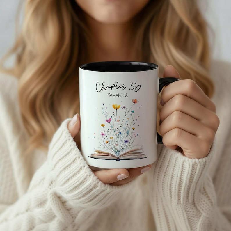 50th Birthday Mug With Name Personalized 50th Birthday Gift For Women Custom Birthday Coffee Cup Chapter 50 Book Lover Birthday Gift For Her Black Accent 11oz