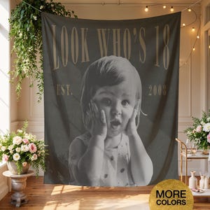 May include: A dark gray rectangular fabric wall hanging featuring a large black and white photograph of a young child with hands on their cheeks. The text "LOOK WHO'S 18" is printed in large tan letters at the top, with "EST." and "2008" below.