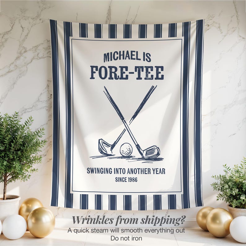 May include: White golf-themed wall tapestry with navy blue stripes and text. The design features crossed golf clubs, a golf ball, and the phrases "MICHAEL IS FORE-TEE" and "SWINGING INTO ANOTHER YEAR SINCE 1986".