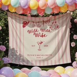 Puede incluir: Una pancarta a rayas rosas y blancas con el texto "Wild Wild Wife" y "Olivia's Bachelorette Miami, FL". La pancarta presenta ilustraciones de un sombrero de vaquero, lencer&iacute;a y botas. Globos de colores est&aacute;n dispuestos arriba y abajo de la pancarta.