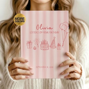 May include: A light pink and white striped hardback book titled Olivia Letters on Your Birthday. The cover features red line art illustrations of a birthday cake, balloons, gifts, a party hat, and a cupcake, with the date September 18, 2026.