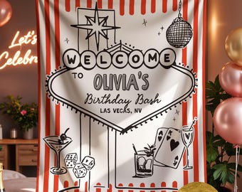 Tapiz de cumpleaños de Las Vegas Bienvenido a Las Vegas Fiesta de cumpleaños personalizada de Las Vegas Fiesta de cumpleaños de casino Pancarta de cumpleaños personalizada Fondo de cumpleaños