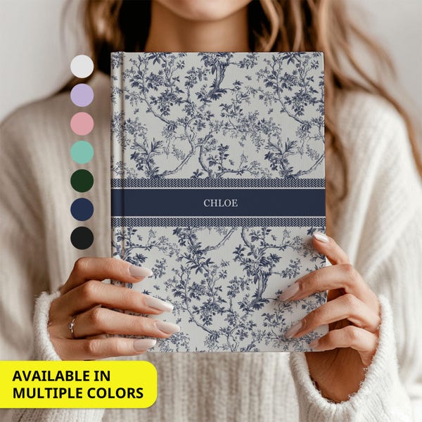 Blue Toile Personalized Journal, Customized Coquette Notebook for women, Custom Name Journal, Bridesmaid Proposal, Wedding Bridal Party Gift