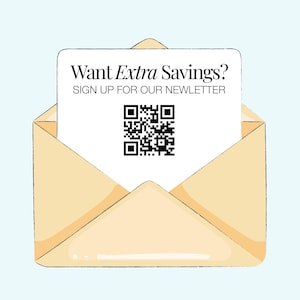 an open envelope with a sign-up form for a newsletter, along with a QR code.