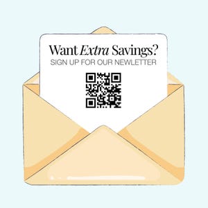 an open envelope with a sign-up form for a newsletter, along with a QR code.