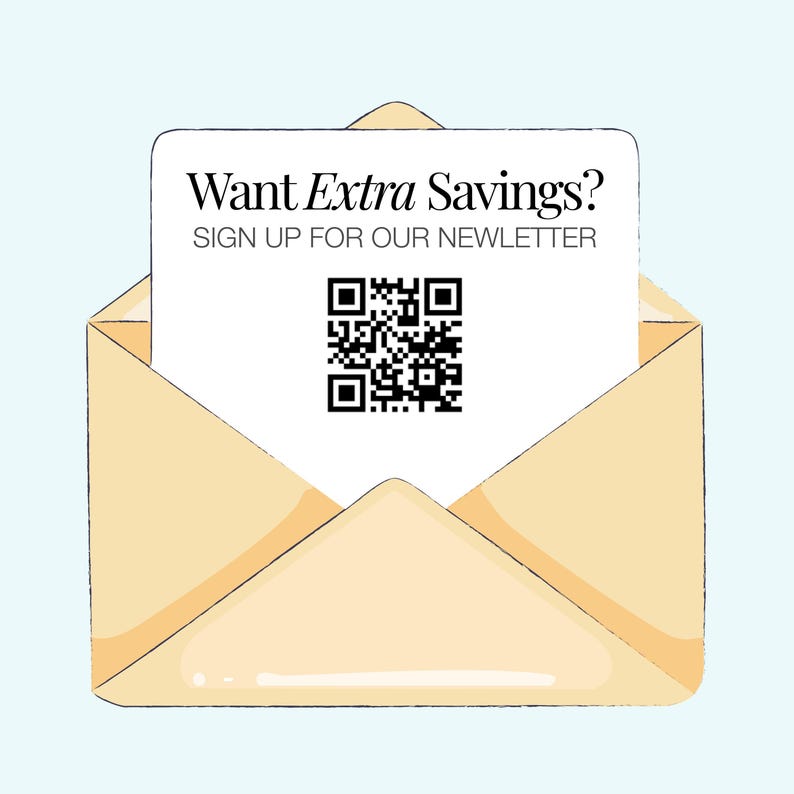 an open envelope with a sign-up form for a newsletter, along with a QR code.