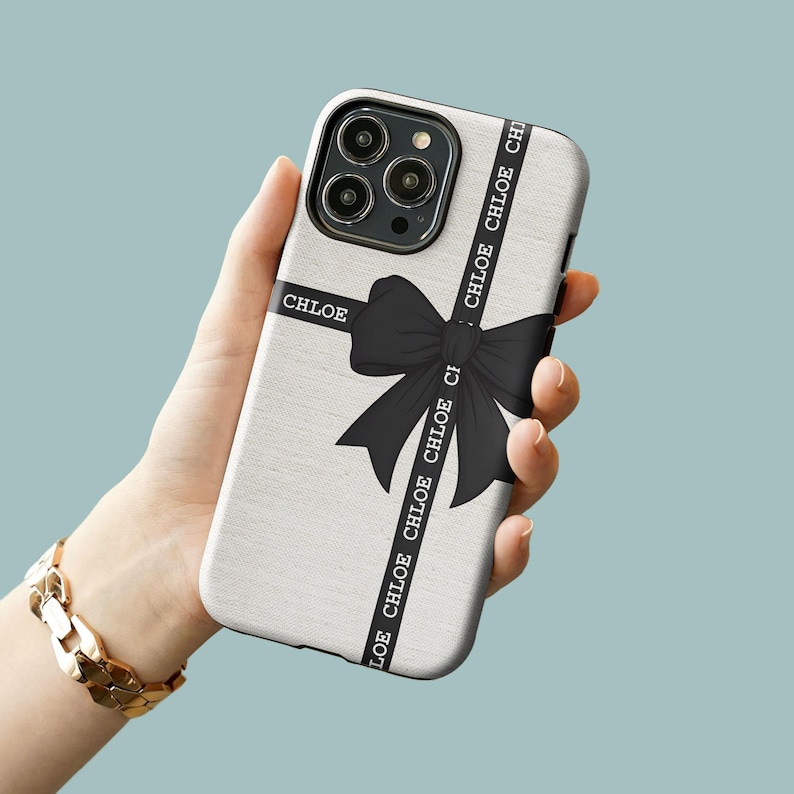 Schwarze Schleife Personalisierte Telefon Hülle für iPhone 16 15 14 13, Benutzerdefinierte Name Telefon Fall für Samsung S23, Kokette Phonecase, kundenspezifische iPhone Fall Black