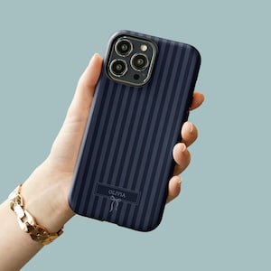 Navy Blue Striped Personalized Phone Case for iPhone 16 15 14 13, Custom Name Phone Case For Samsung S23, Bow Phonecase, Custom iPhone Case