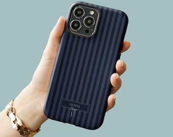 Funda personalizada a rayas azul marino para iPhone 16, 15, 14 y 13. Funda personalizada con nombre para Samsung S23. Funda con lazo. Funda personalizada para iPhone.