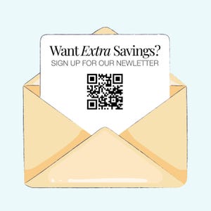 an open envelope with a sign-up form for a newsletter, along with a QR code.