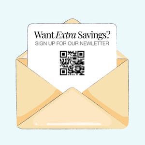 an open envelope with a sign-up form for a newsletter, along with a QR code.