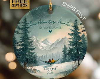 Our Adventure Awaits Ornament Personalized Forest Ornament For Hiking Couple Mountain Engaged Ornament Just Engaged Keepsake Engagement Gift