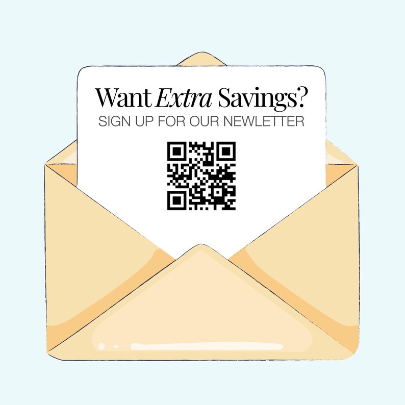 an open envelope with a sign-up form for a newsletter, along with a QR code.