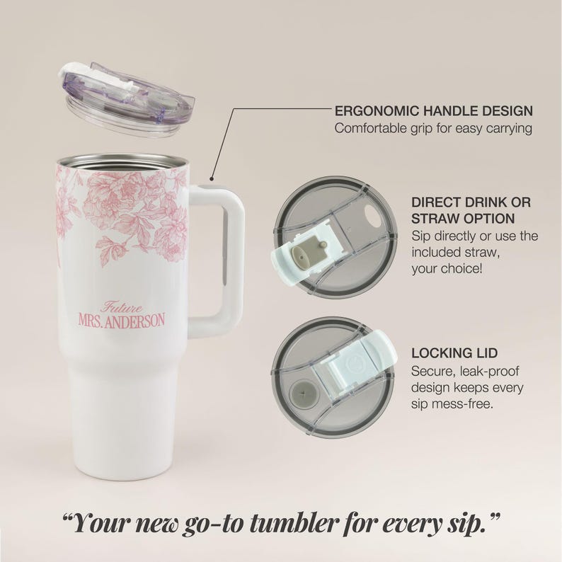 May include: White tumbler with a pink floral design and the text "Future MRS. ANDERSON." Features include an ergonomic handle, locking lid, and direct drink or straw option. The tumbler is designed for easy carrying.