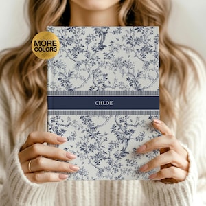 Blue Toile Personalized Journal, Customized Coquette Notebook for women, Custom Name Journal, Bridesmaid Proposal, Wedding Bridal Party Gift