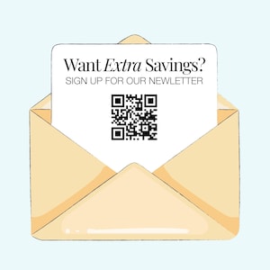 an open envelope with a sign-up form for a newsletter, along with a QR code.