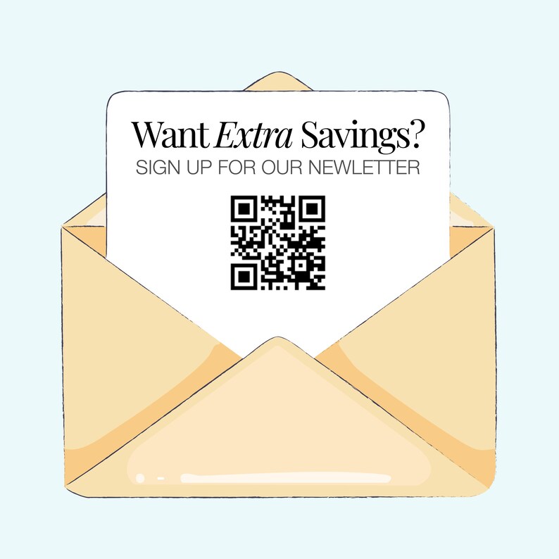 an open envelope with a sign-up form for a newsletter, along with a QR code.