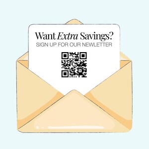 an open envelope with a sign-up form for a newsletter, along with a QR code.