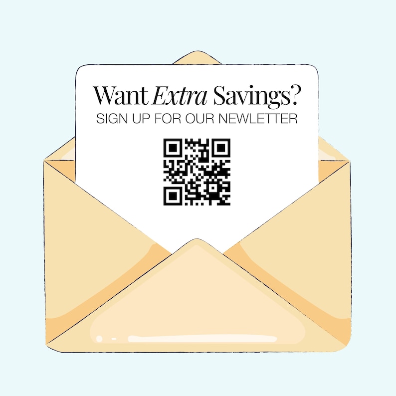 an open envelope with a sign-up form for a newsletter, along with a QR code.