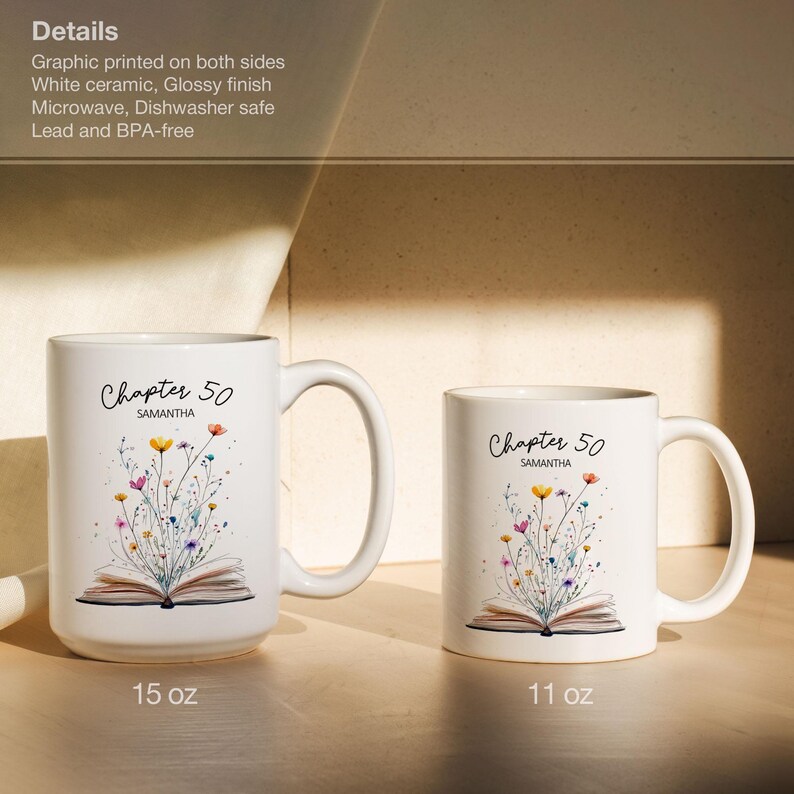 50th Birthday Mug With Name Personalized 50th Birthday Gift For Women Custom Birthday Coffee Cup Chapter 50 Book Lover Birthday Gift For Her image 4