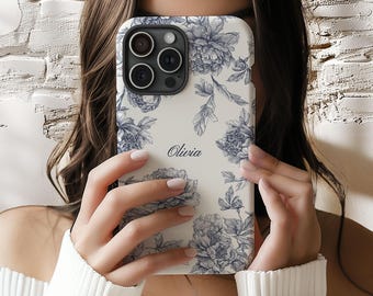 Funda personalizada con diseño de toile azul para iPhone 17, 16, 15, 14 y 13, funda con nombre personalizado para Samsung S23, funda coqueta, funda personalizada para iPhone