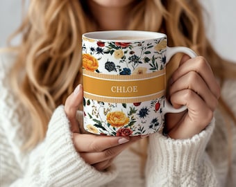 Personalized Name Mug For Her, Custom Flower Coffee Cup, Vintage-Inspired Wildflower Gift, Boho Bridal Party Favor, Floral Coquette Gift