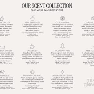 The image is a collection of scents, each with a different description, arranged in a grid format. The scents include various types of fragrances, such as afternoon tea, apple harvest, coastal orchid, fresh linen breeze, peppermint, mountain pine, mystical sea, pumpkin caramel, vanilla berry swirl, and more.