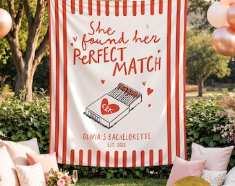 Sie fand Her Perfect Match Bachelorette Banner Match Made In Heaven Wandteppich Personalisiertes Bachelorette Zeichen Bachelorette Party Willkommensschild