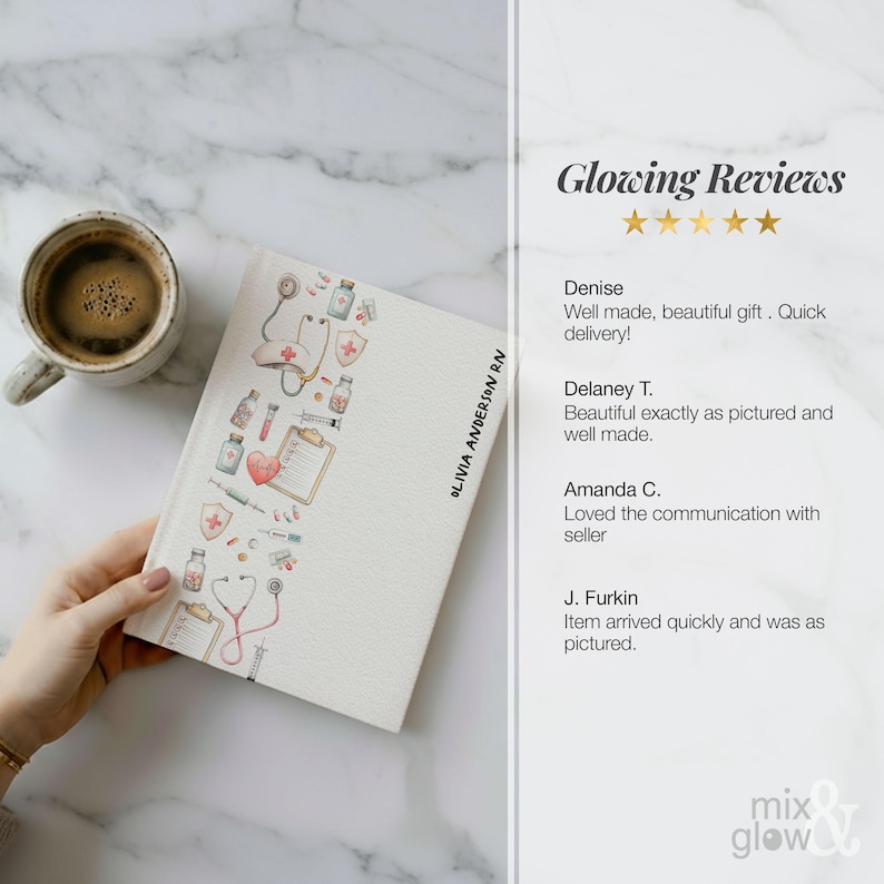 May include: A white notebook featuring medical illustrations, such as a stethoscope and heart, is held near a cup of coffee. The notebook is inscribed with the name "OLIVIA ANDERSON RN". Customer reviews are also visible in the image.