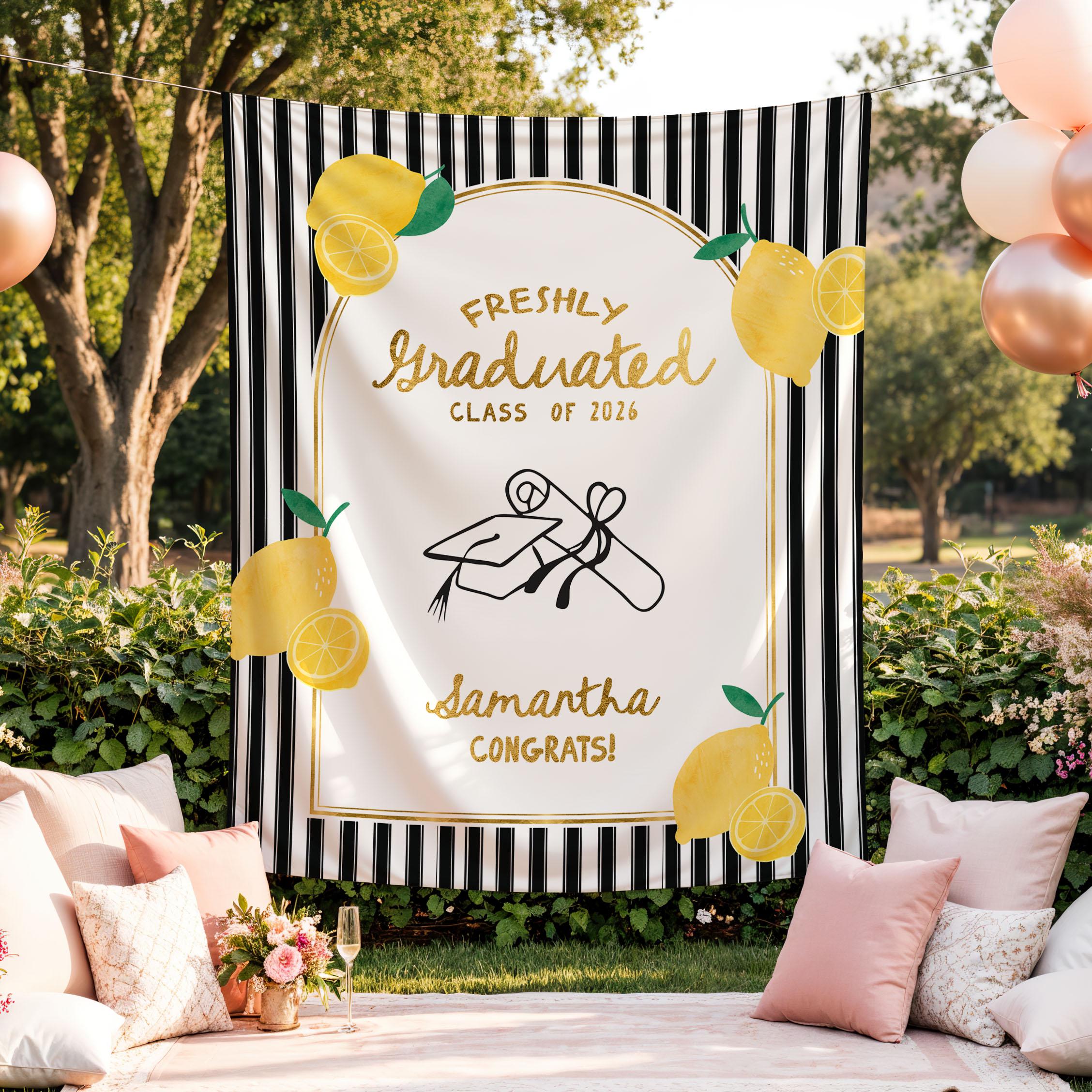Lemon Grad Backdrop Custom Freshly Graduated Banner Lemon Tapestry Class of 2026 Graduation ...