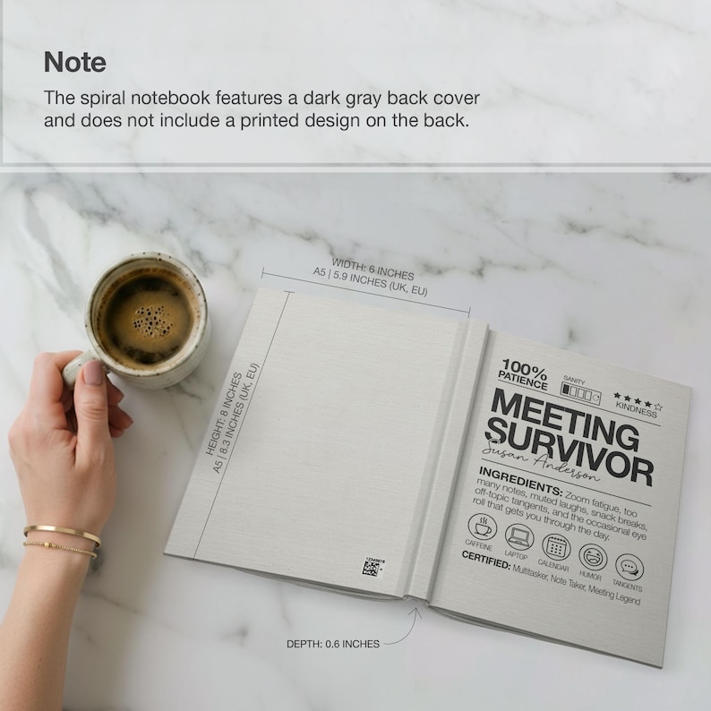 May include: Open spiral notebook with the text "MEETING SURVIVOR" and the author's name, Susan Anderson. The notebook is open to reveal the printed text on the right page. The notebook is 6 inches wide and 8 inches high.