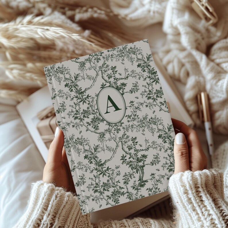 Customized Monogram Notebook for women, Personalized Toile Journal, Customizable Journal, Bridesmaid Proposal, Initial Notebook for Mom Gift Green