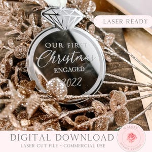 First Christmas Engaged Ornament SVG Laser File: Customizable Engagement Ring Design (Digital Download