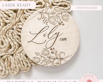 Letrero floral con nombre de bebé, archivo SVG: Anuncio de nacimiento cortado con láser
