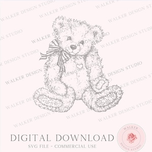 May include: A detailed illustration of a teddy bear with a striped bow, heart, and floral accents on its paws. The text "DIGITAL DOWNLOAD" and "SVG FILE - COMMERCIAL USE" are also present.