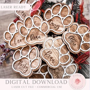 Pet Paw Ornament SVG,  Personalized Pet Name Christmas Ornament, Dog or Cat Laser Cut File, Animal Keepsake Digital Download