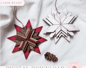 Barn Quilt Christmas Ornament SVG: Mosaic Snowflake Ornament Laser Cut File Digital Download