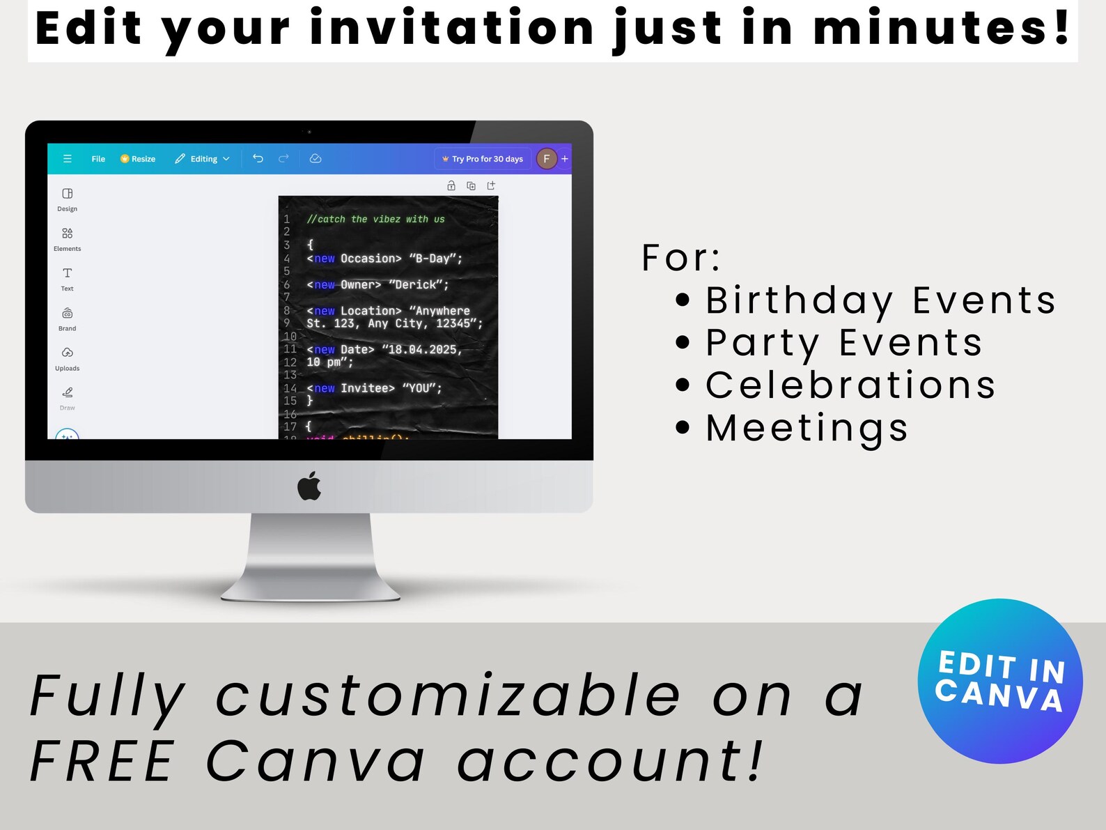 Coding Editable Digital Birthday Invitation Template, Software ...