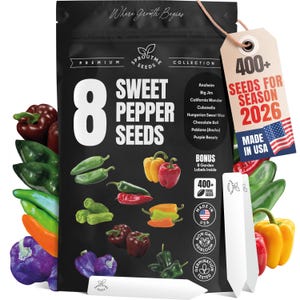 May include: A black seed packet labeled "8 Sweet Pepper Seeds" with illustrations of various peppers. Includes a tag that reads "400+ Seeds for Season 2026" and "Made in USA."