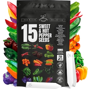 15 Sweet & Hot Pepper Seeds Vegetable Variety Pack Home Garden Kit Plant Markers 750+ Non-GMO Heirloom Indoor Hydroponic Outdoors Planting