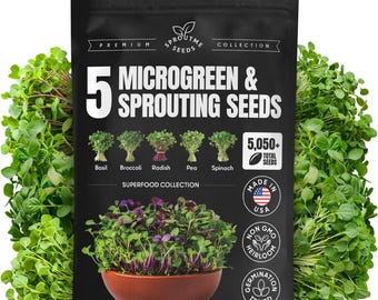 May include: A black bag of microgreen and sprouting seeds. The bag features the text "5 Microgreen & Sprouting Seeds" and includes illustrations of basil, broccoli, radish, pea, and spinach. The bag also states "Made in USA" and "Non GMO Heirloom".