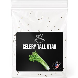 May include: A clear plastic bag filled with seeds, with a black label featuring the text "CELERY TALL UTAH" and a graphic of celery. The label also includes the text "SPROUTME SEEDS" and a small "MADE IN USA" emblem.