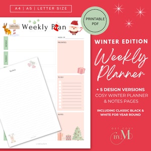 Winter Weekly Planner - Printable | Festive Christmas Theme | Notes pages | 5 Designs | PDF Planner Template | A4, A5, Letter Size