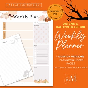 Planificador semanal de Halloween imprimible / Temática otoñal / Notas acogedoras / Descarga digital / Plantilla de planificador en PDF / Tamaños A4, A5 y carta