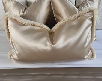 Asina Champagne Satin Pillow Cover: Elegant Sofa & Bed Cushion, Luxury Fringed Cushion Covers