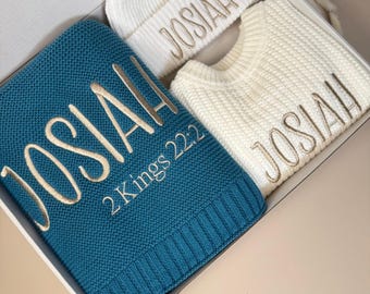 Personalised Baby Gift Set with Name, Embroidered Blanket, Hat & Jumper, Newborn Gift Box, Christening Present, Baby Shower Gift