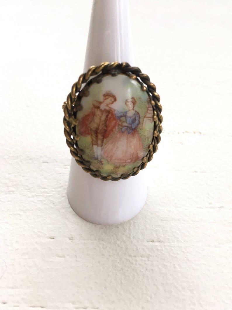 Vintage Signed W Germany Porcelain Courting Couple Adjustable Cocktail Ring