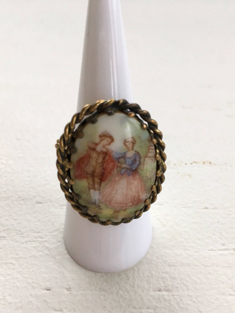 Vintage Signed W Germany Porcelain Courting Couple Adjustable Cocktail Ring