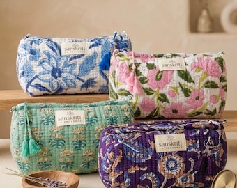 Beauty case trapuntato impermeabile, in cotone stampato a blocchi | Pochette per il trucco con 2 tasche | Piccola trousse da viaggio | Regalo per donna