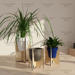 May include: Three decorative wooden plant stands, each holding a different potted plant. The pots are white, gray, and blue. The plants have green foliage. The stands are made of light-colored wood and have a modern design.